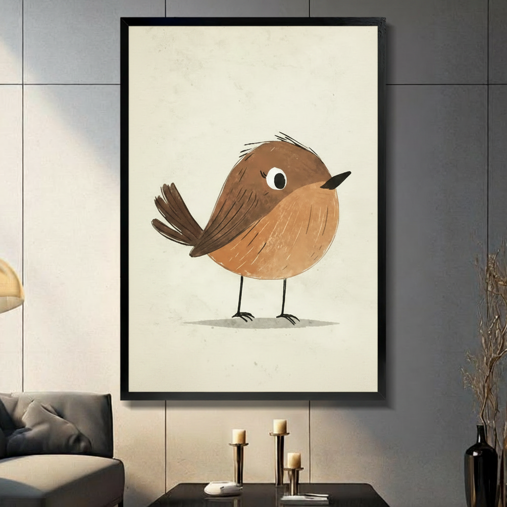 Cute robin bird illustration art print in black frame displayed in modern dark interior living room
