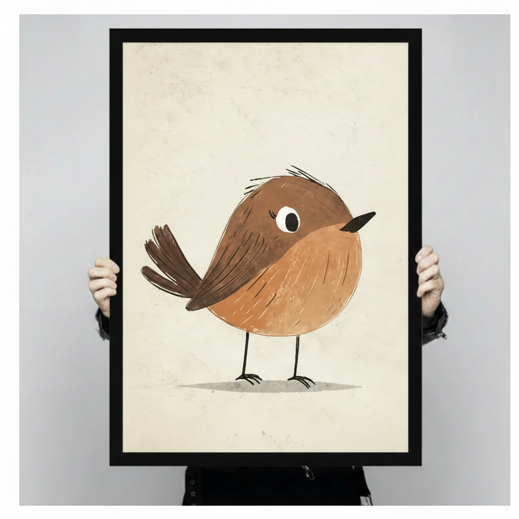 Person holding large framed robin bird illustration print showing warm brown tones and vintage paper texture