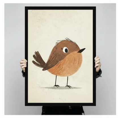 Person holding large framed robin bird illustration print showing warm brown tones and vintage paper texture