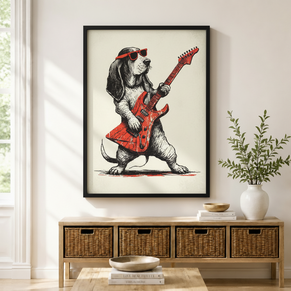 Black framed whimsical rock dog Basset Hound electric guitar sketch print mounted above a wicker basket storage console with white ceramic vases, stacked coffee table books, and a wooden bowl in a warm minimal entryway
