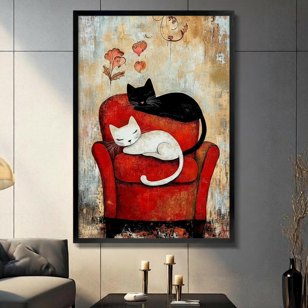 Black framed romantic black and white cat couple cuddling on a bold red vintage armchair canvas art with floating hearts and floral motifs on a warm distressed oil-painted background, displayed on a gray tile wall above a console table with pillar candlesticks beside a charcoal sofa