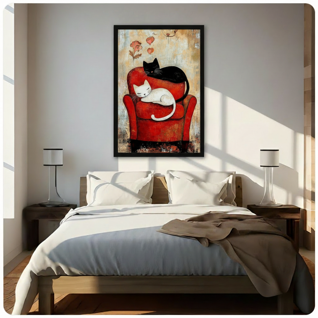 Black framed romantic black and white cat couple on red armchair canvas art with drifting hearts and vintage floral accents on a warm amber distressed background, hung above a wooden bed frame in a sun-drenched minimalist bedroom with crisp white linen bedding and matching cylindrical nightstand lamps