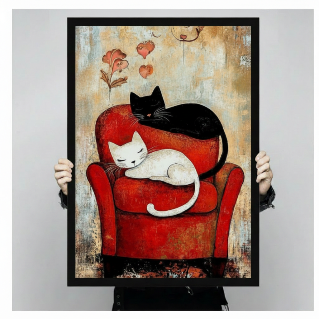 Person holding a large black framed romantic black and white cat couple canvas art print showing a peaceful white cat curled in a red vintage armchair with a black cat wrapped around the backrest, floating hearts and botanical details on a warm distressed oil-texture background against a light gray studio backdrop