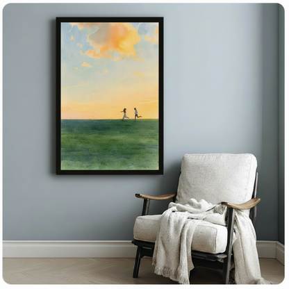 Dreamy couple running on open meadow at golden hour canvas art in black frame, hung on blue-grey wall beside white linen armchair in cozy Scandinavian-style room