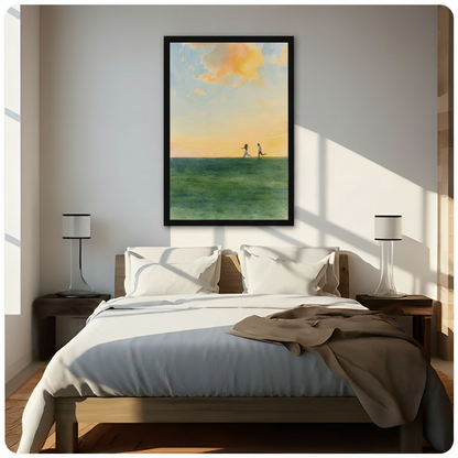 Romantic couple running on sunlit green meadow framed canvas print above bed, warm golden sunset wall art adding emotional depth to bright neutral bedroom