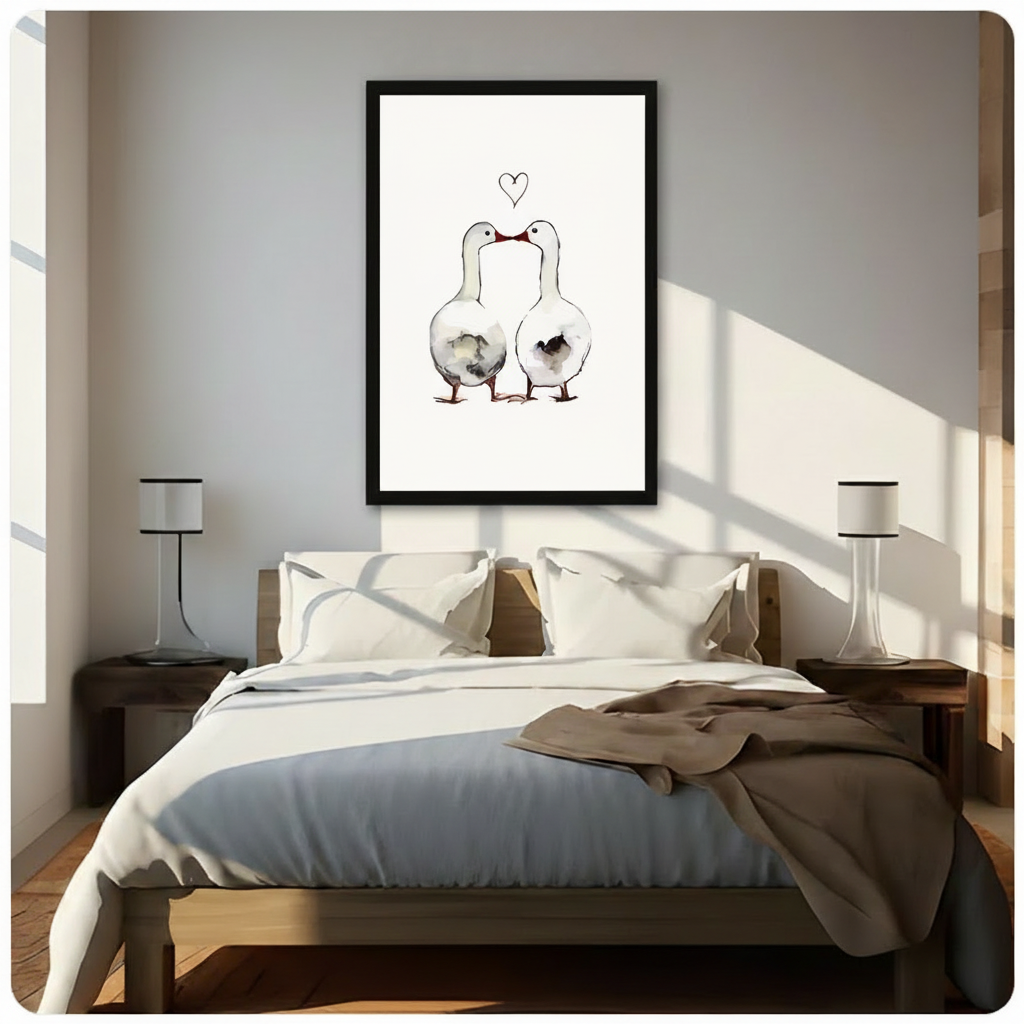 Framed canvas wall art of two white geese facing each other with a hand-drawn heart above in minimalist watercolor ink style on warm cream background, above a bed with white linen bedding, a taupe throw blanket, dark wood nightstands, and white table lamps in a sunlit bedroom