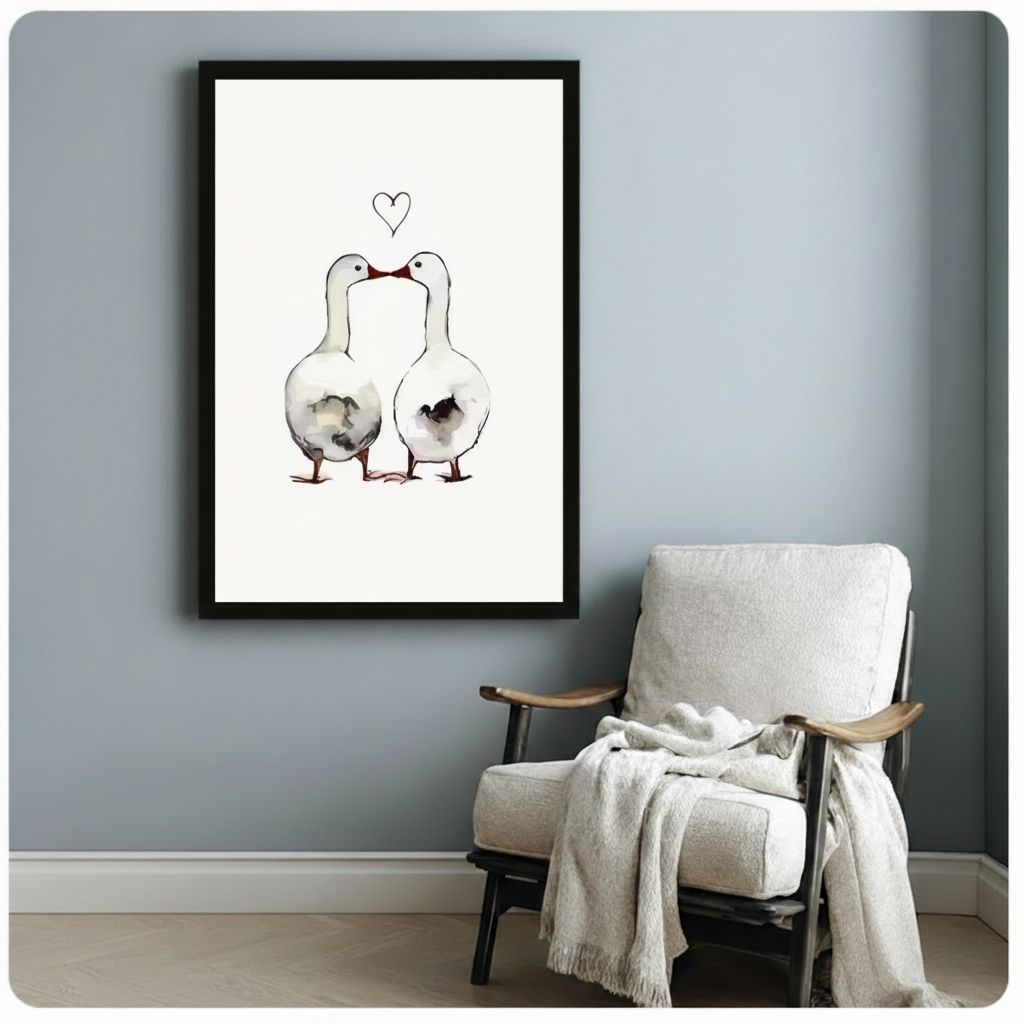 Black framed canvas print of two affectionate white geese leaning in beneath a minimalist hand-drawn heart, expressive ink watercolor illustration on cream background, hung on a blue-gray wall beside a white linen armchair with a cream throw blanket