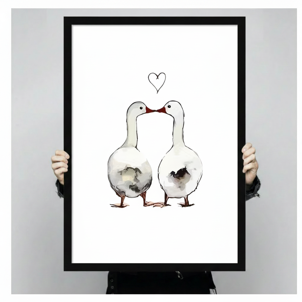 Hands holding a large black framed canvas print of two white geese touching beaks with a heart drawn above them in fine line art, ink wash illustration on white background against a light gray backdrop