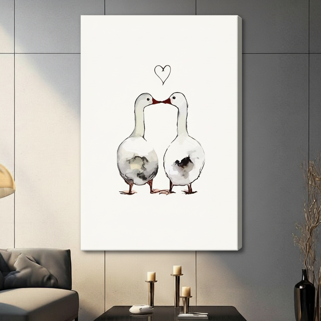 Gallery-wrapped stretched canvas of two round white geese facing each other with a delicate heart outline above, loose ink wash style on off-white background, hung above a dark sideboard with candlesticks in a contemporary living room