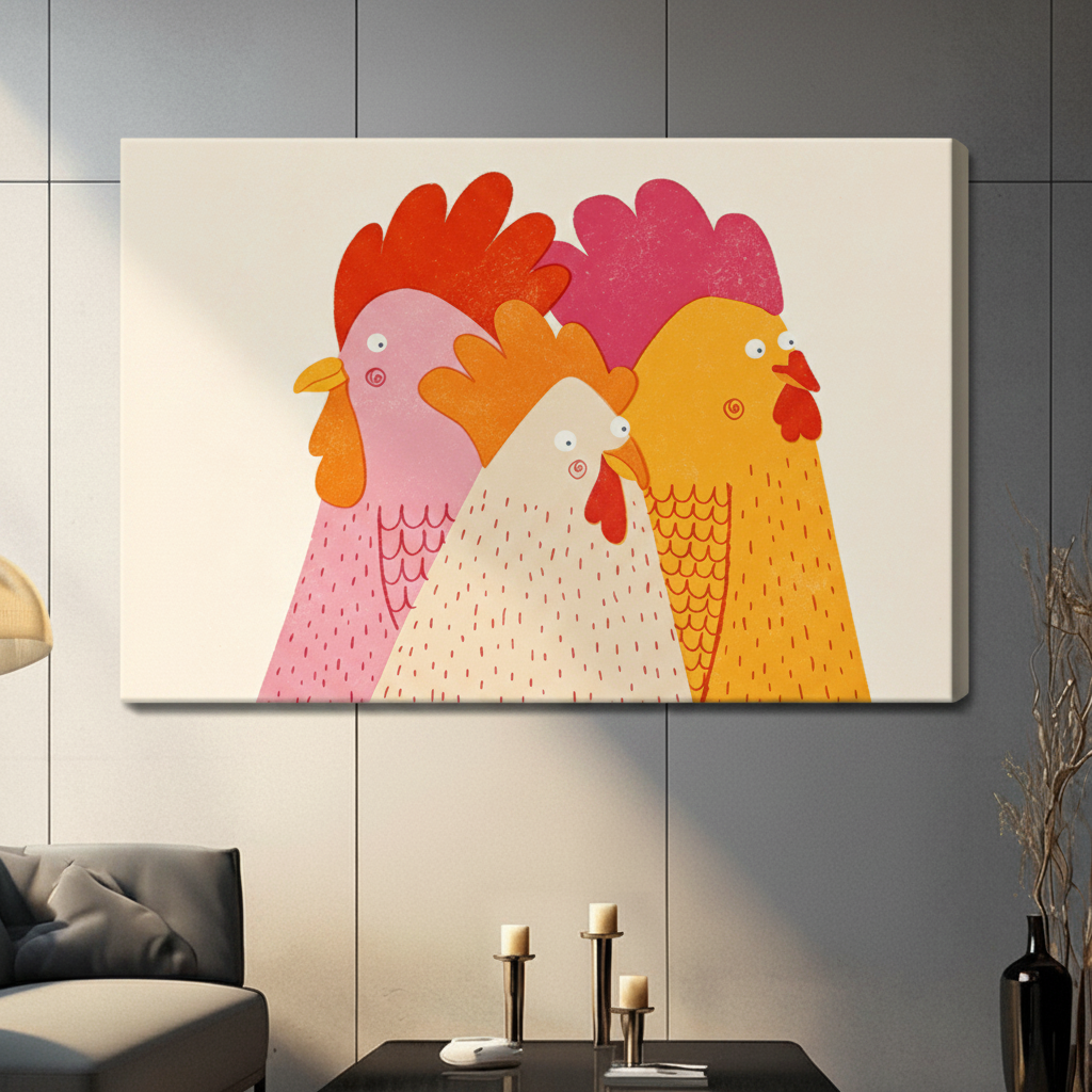 Gallery wrap stretched canvas of three colorful roosters with exaggerated combs and spiral eyes crowding together on a cream background hung frameless on a dark gray tiled wall above candlestick holders
