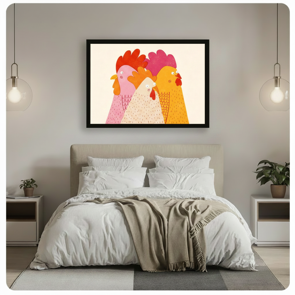 Black framed whimsical three roosters farmhouse canvas wall art with cream background hung above a beige upholstered bed with white linen bedding in a minimalist bedroom with glass globe pendant lights