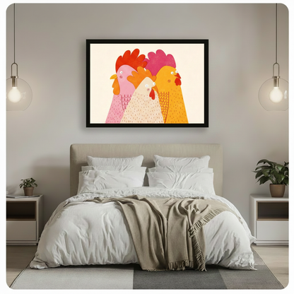 Black framed whimsical three roosters farmhouse canvas wall art with cream background hung above a beige upholstered bed with white linen bedding in a minimalist bedroom with glass globe pendant lights