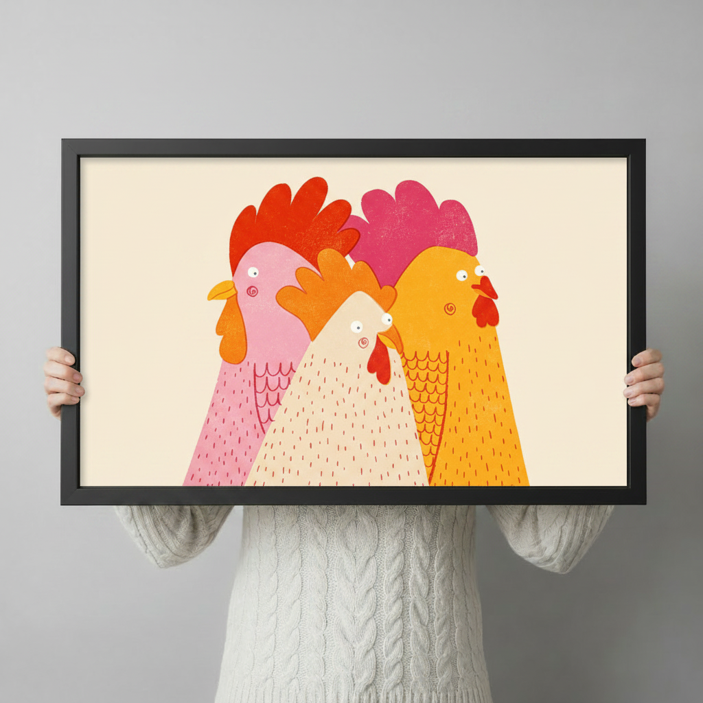 Person in white knit sweater holding a large black framed funny three roosters pop art canvas print with pink white and golden yellow chickens against a neutral gray background, horizontal size display