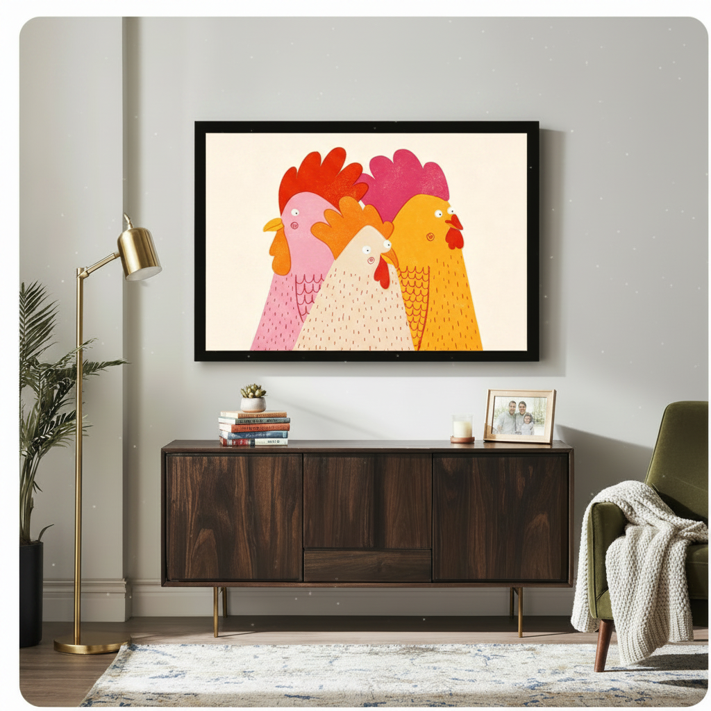 Black framed colorful rooster trio humorous canvas art hung above a dark walnut sideboard with stacked books and family photo in a modern living room with gold floor lamp and olive green armchair