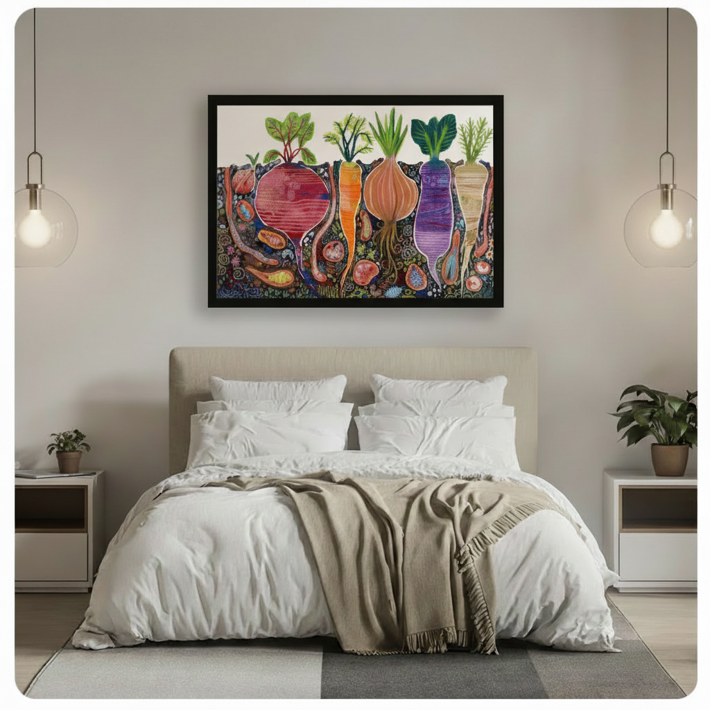 Framed whimsical root vegetable underground art print hung above a white linen bed in a soft neutral Scandinavian bedroom with pendant lights, colorful botanical illustration of beet carrot onion and radish in soil