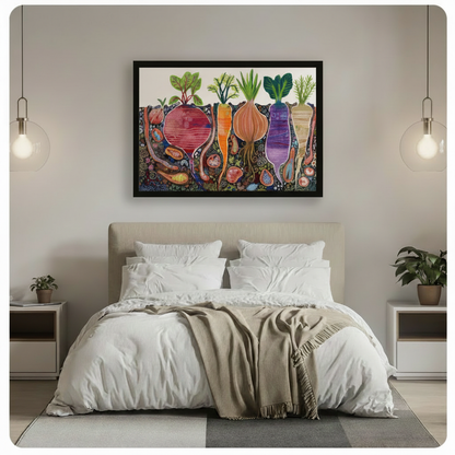 Framed whimsical root vegetable underground art print hung above a white linen bed in a soft neutral Scandinavian bedroom with pendant lights, colorful botanical illustration of beet carrot onion and radish in soil