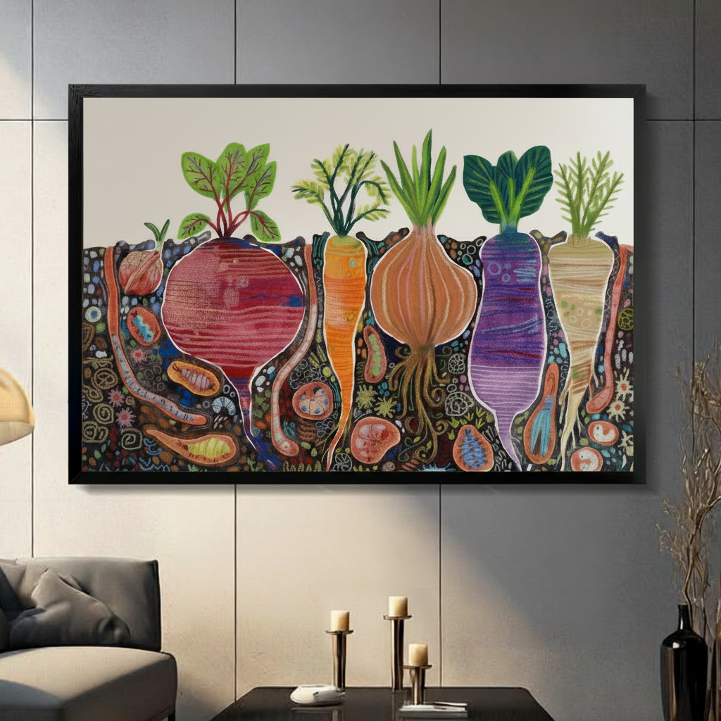 Framed colorful wall art print of a whimsical underground cross-section showing beet, carrot, onion, purple radish and parsnip roots with soil microbes and earthworms, displayed on a grey panelled wall in a modern living room
