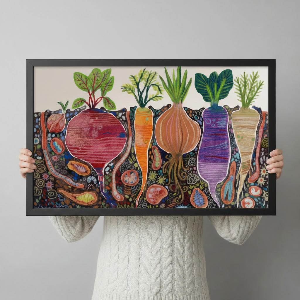 Hand-held close-up of a black-framed botanical art print showing a colorful underground garden cross-section with beet, carrot, onion, purple radish and parsnip surrounded by soil life and earthworms