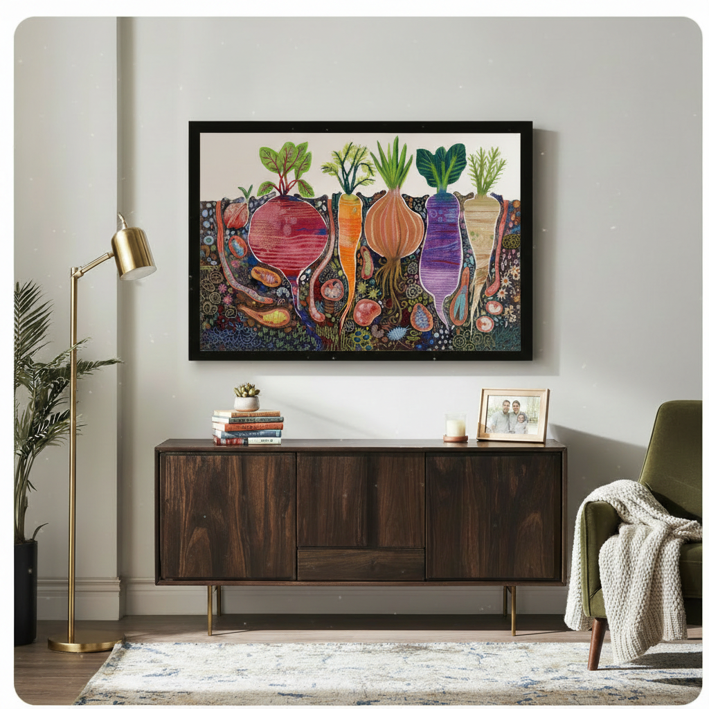 Black-framed colorful underground root vegetable wall art hung above a mid-century walnut sideboard in a light-filled living room, depicting beet, carrot, onion, purple radish and parsnip with detailed soil ecosystem