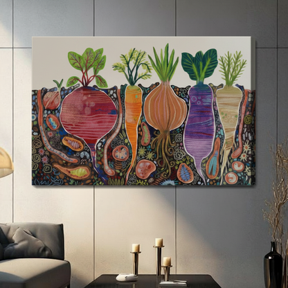 Gallery wrap canvas featuring a vibrant illustrated cross-section of root vegetables including beet, carrot, onion and purple radish growing in richly detailed soil with earthworms and microorganisms, hung on a grey panelled wall