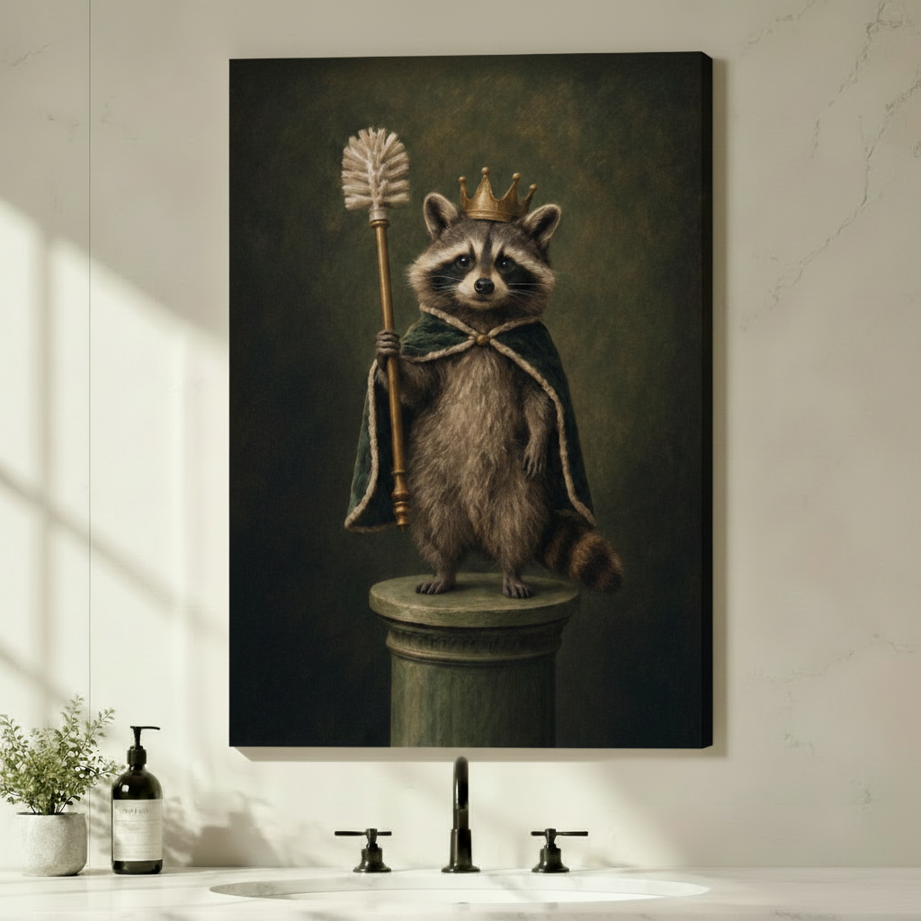Canvas wrap wall art of a humorous baroque-style raccoon king in a dark cape and gold crown wielding a toilet brush scepter on a stone column, hung above a modern bathroom sink with natural light