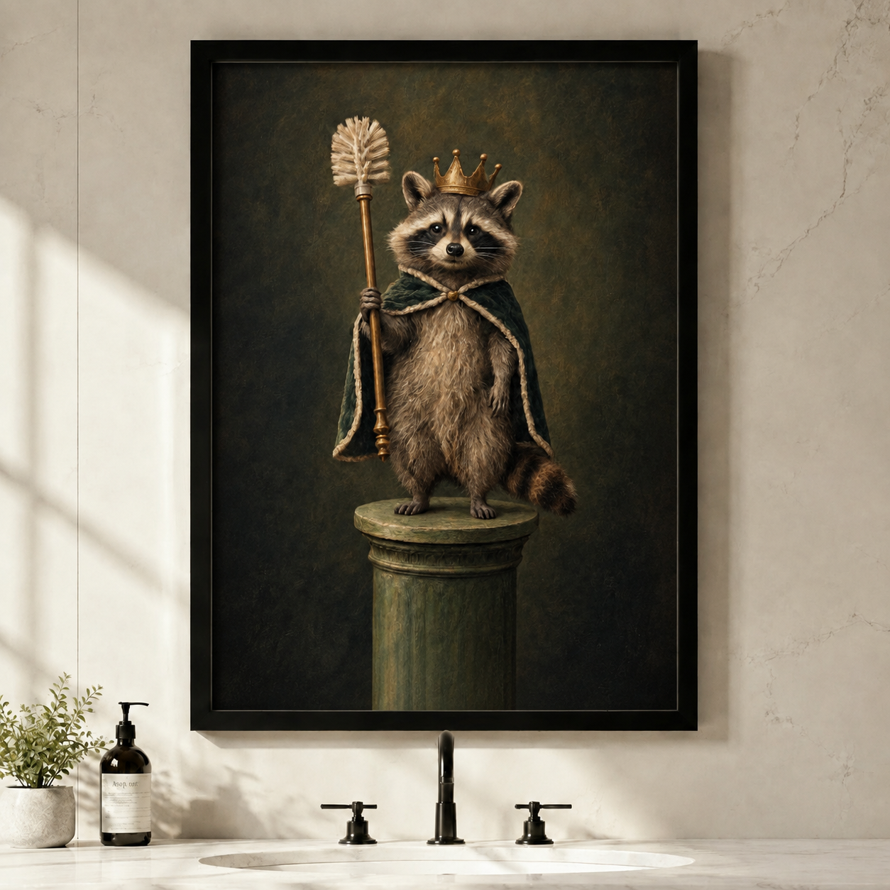 Framed vintage oil painting portrait of a regal raccoon wearing a gold crown and dark cape, holding a toilet brush as a royal scepter while standing on a stone pedestal, displayed above a minimalist bathroom sink with soap dispenser and plant