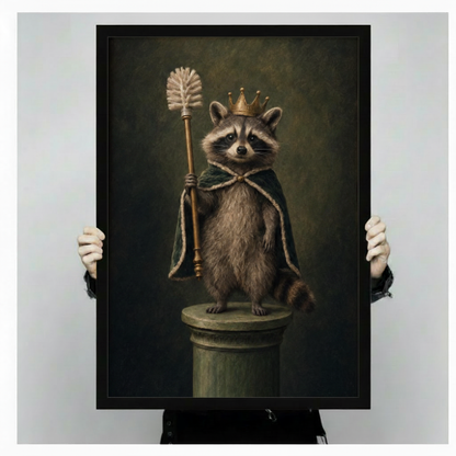 Person holding a large black framed vintage-style portrait print of a crowned raccoon in a royal cape holding a toilet brush as a scepter, standing on a stone pedestal against a dark moody background