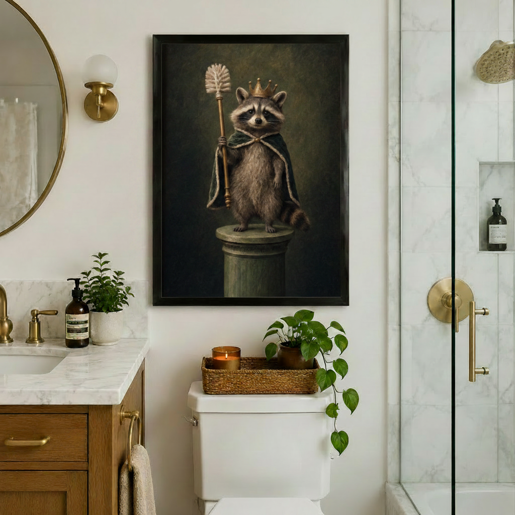 Black framed funny raccoon royal portrait with gold crown and toilet brush scepter, displayed above a toilet in an elegant bathroom with marble countertop, gold fixtures, round mirror, and green plants