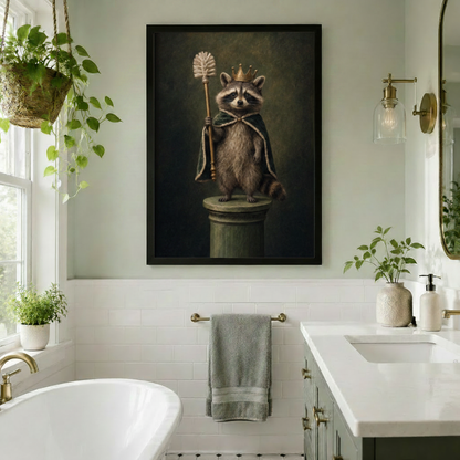 Framed humorous raccoon king oil painting wall art with gold crown and toilet brush scepter, hung in a bright white tile bathroom with freestanding bathtub, brass fixtures, hanging plants, and natural window light