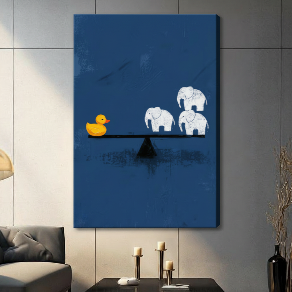 Unframed stretched canvas print of a yellow rubber duck balancing three white elephants on a seesaw with minimalist navy blue background hung in a contemporary grey living room