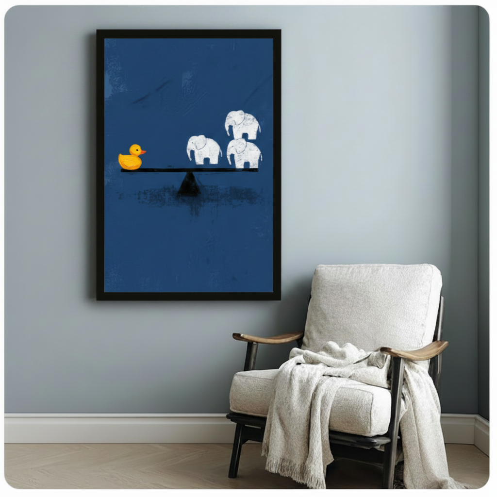Black framed rubber duck vs elephant seesaw motivational canvas art print with bold minimalist design on navy blue background on a light blue-grey wall beside a white linen armchair