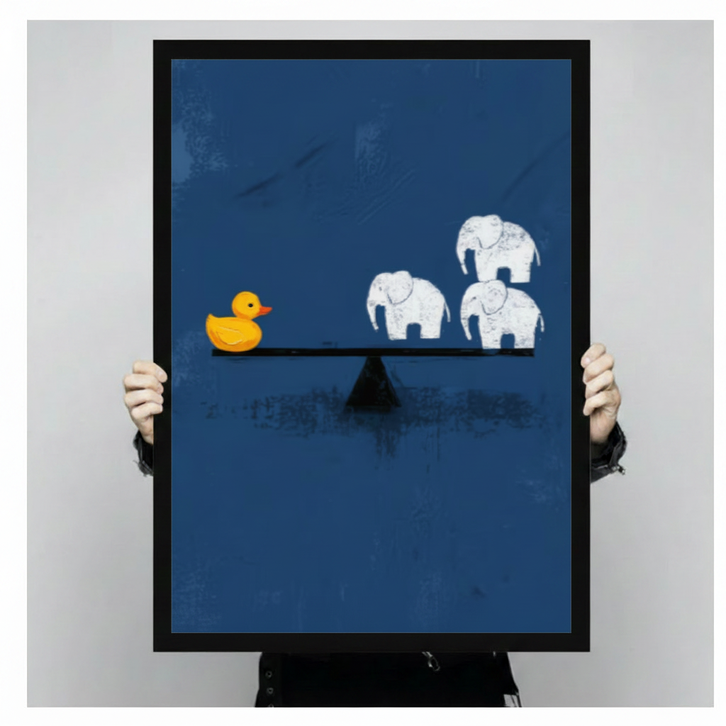 Person holding a large black framed canvas art print of a yellow rubber duck outweighing three elephants on a navy blue seesaw showing print size scale and minimalist illustration detail