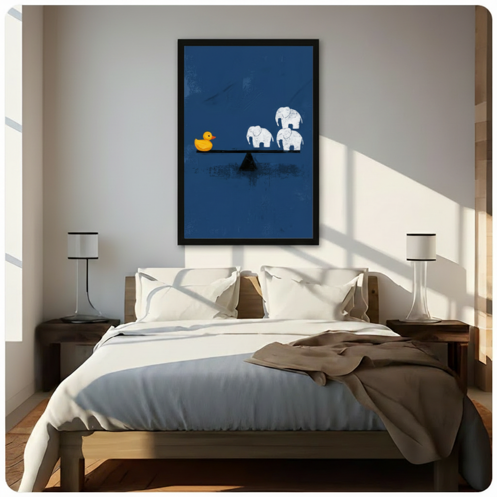 Framed minimalist rubber duck and elephant balance seesaw canvas wall art on deep navy blue background hung above a wooden bed with white bedding in a sunlit modern bedroom