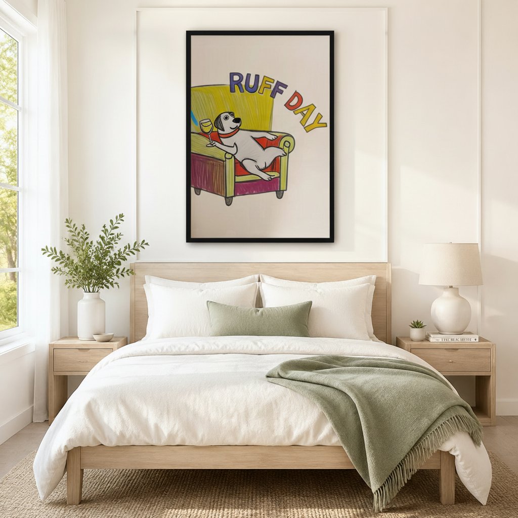 Ruff Day humorous dog art print in black frame hanging above a minimalist wooden bed with white linen bedding and a sage green throw blanket