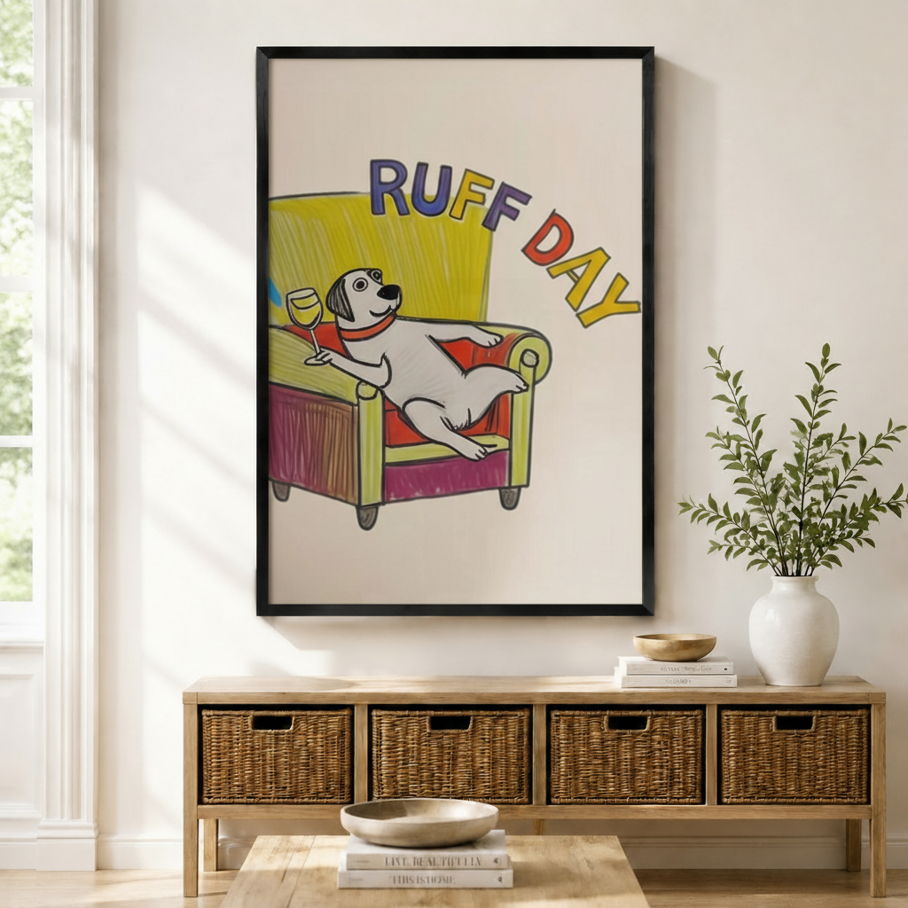Ruff Day cartoon dog framed wall art displayed above an entryway console with wicker storage baskets, a white ceramic vase, and green foliage