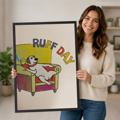 Ruff Day funny cartoon dog wall art in black frame held up by smiling woman against a warm beige background, showing framed print size