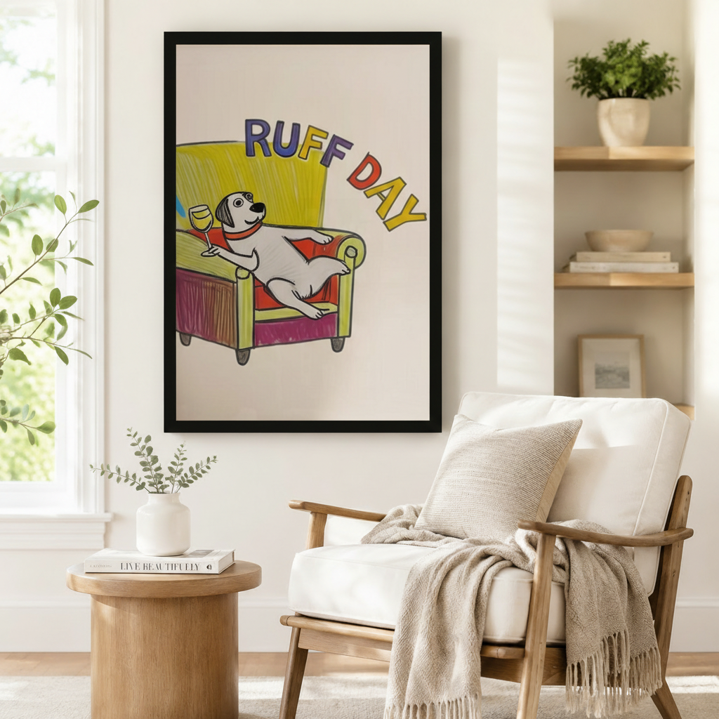 Ruff Day humorous dog poster in black frame hanging in a Scandinavian living room with a wooden armchair, white cushion, throw blanket, and round side table
