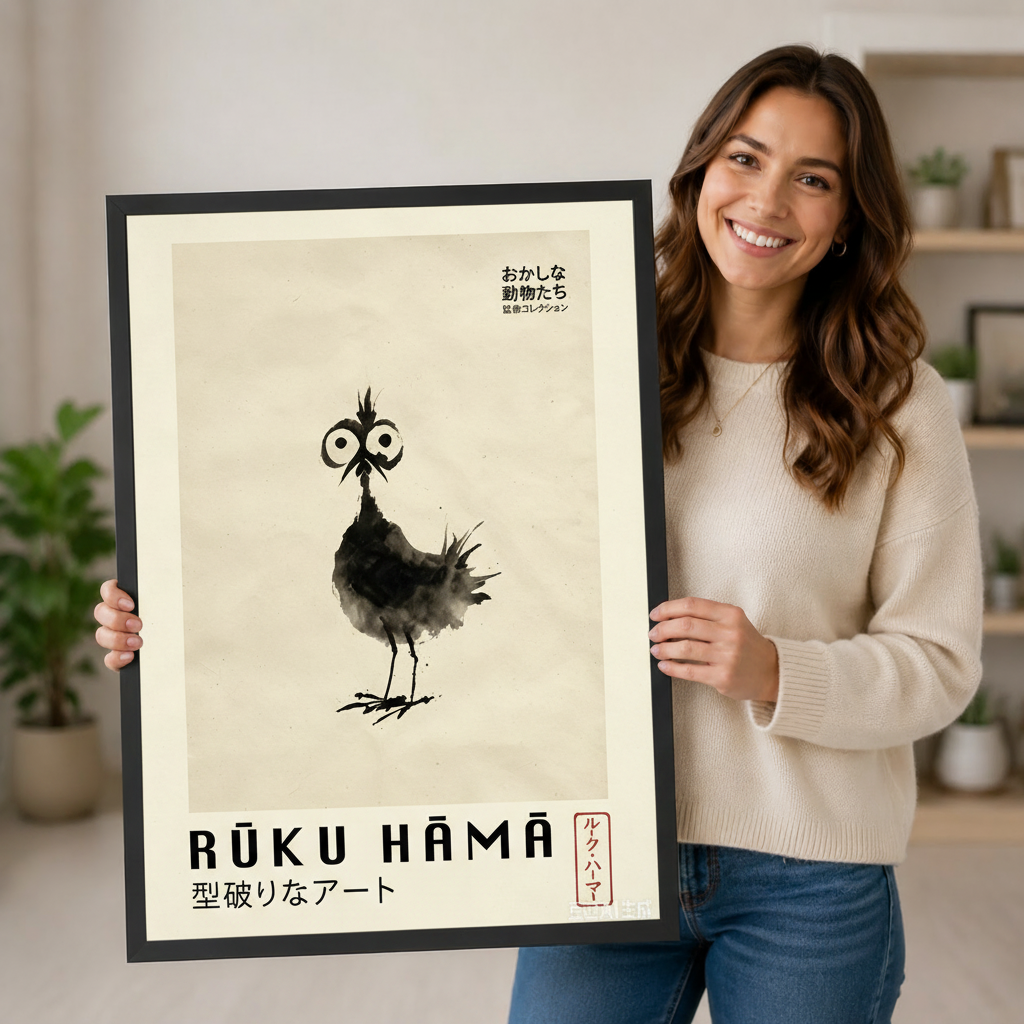 Smiling woman holding large framed Rūku Hāmā quirky sumi-e bird canvas print showing full artwork with warm ivory background and Japanese kanji
