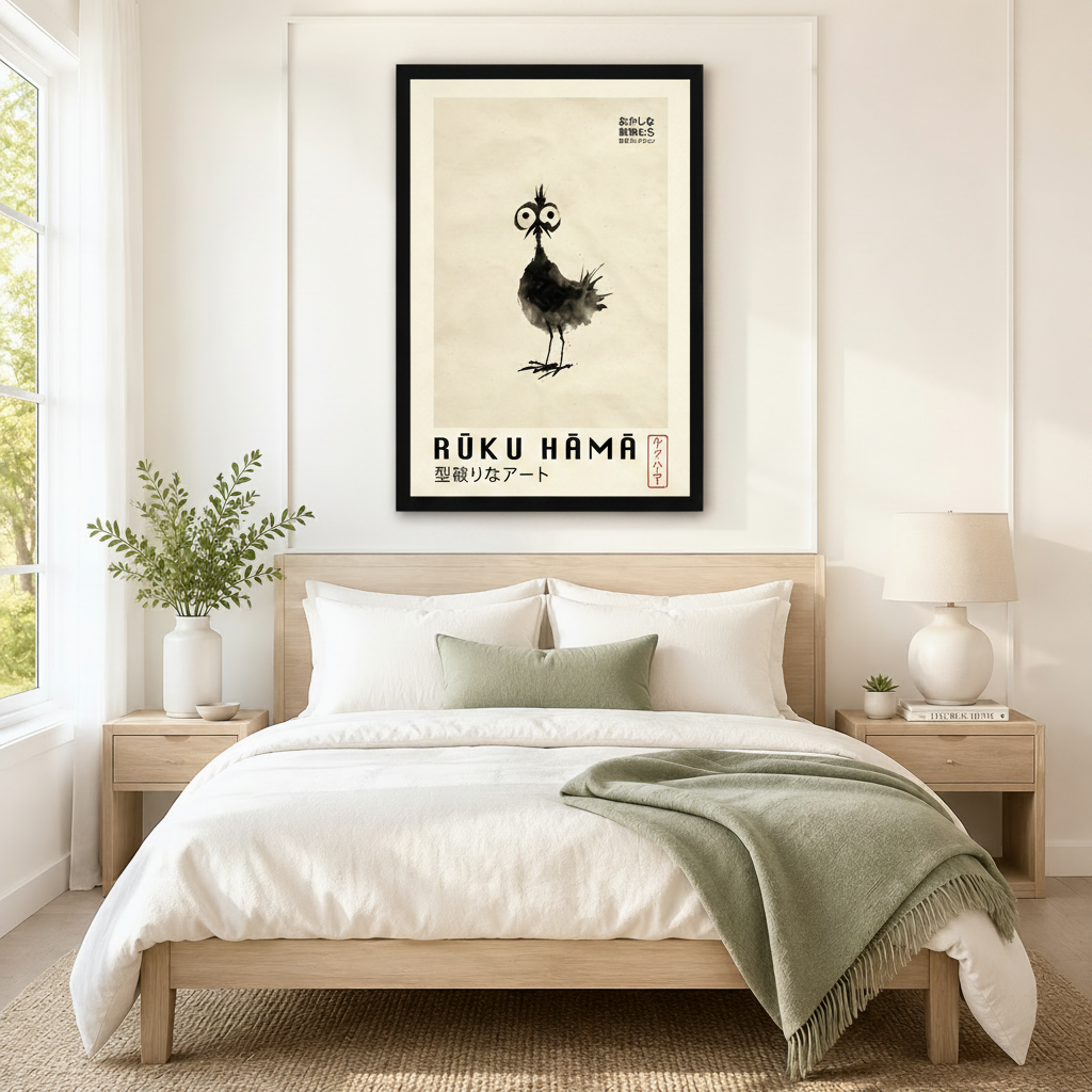 Rūku Hāmā Japanese ink wash bird framed canvas wall art hung above bed in a serene minimalist bedroom with light wood furniture and sage green bedding