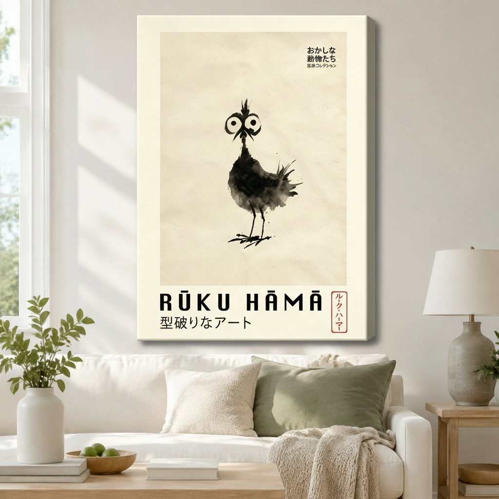 Rūku Hāmā sumi-e bird gallery-wrapped stretched canvas hung above white sofa in a serene Japandi living room with sage green accents