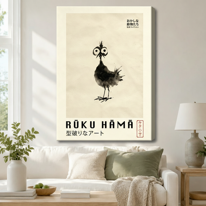 Rūku Hāmā sumi-e bird gallery-wrapped stretched canvas hung above white sofa in a serene Japandi living room with sage green accents