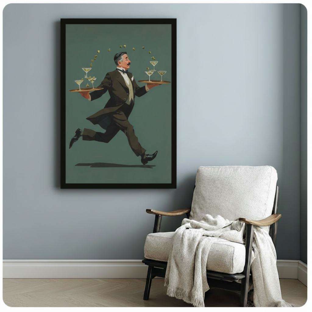 Vintage running waiter in tuxedo balancing martini trays, retro sage green poster art in black float frame canvas on muted blue-gray wall beside white linen armchair with throw blanket in cozy American interior