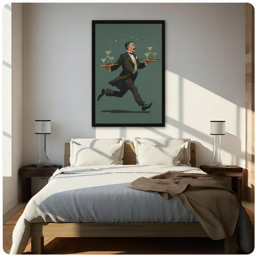Retro running waiter martini canvas wall art in black float frame above bed with white linen bedding and dark wood nightstands, vintage art deco illustration in sunlit bright American bedroom