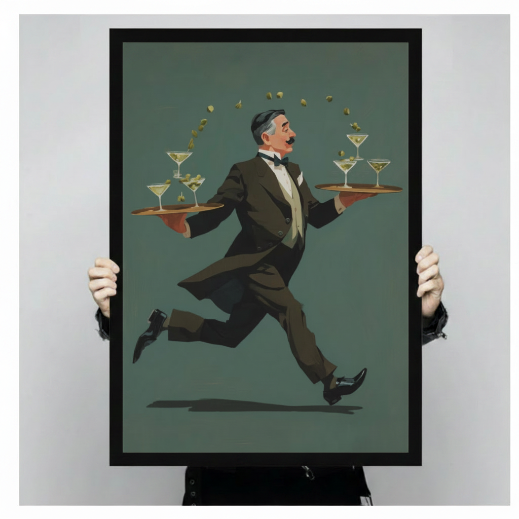Person holding large black framed canvas print of vintage running waiter in dark olive tuxedo balancing two copper trays of martini glasses with flying olives, retro art deco poster illustration on sage green background, studio product shot on gray background