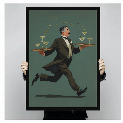 Person holding large black framed canvas print of vintage running waiter in dark olive tuxedo balancing two copper trays of martini glasses with flying olives, retro art deco poster illustration on sage green background, studio product shot on gray background