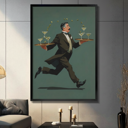 Vintage running waiter in dark olive tuxedo balancing martini trays with flying olives, retro art deco style black float frame canvas wall art hung on gray tile wall above console table with candle holders in modern American living room