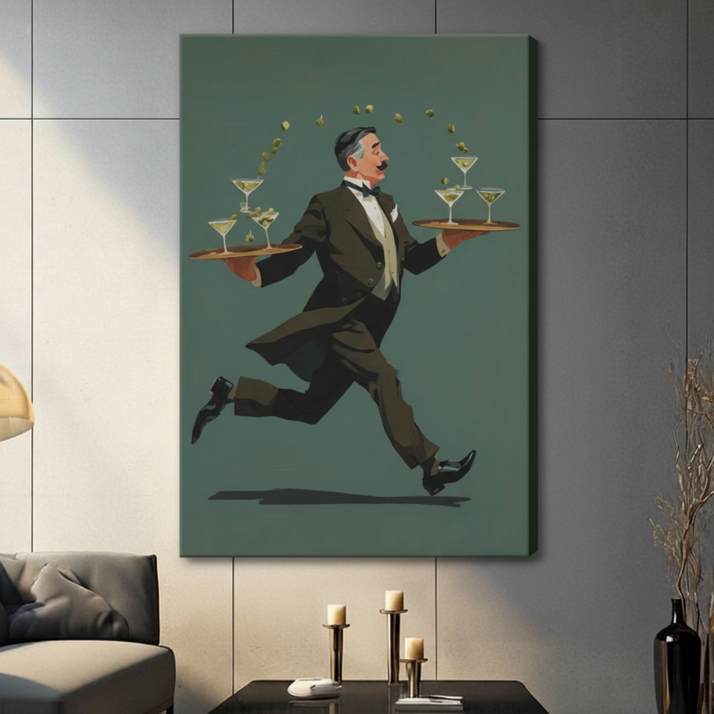 Vintage running waiter in dark olive tuxedo carrying martini glasses on copper trays, retro poster style frameless gallery wrap stretched canvas with sage green side wrap hung on gray tile wall in modern American living room