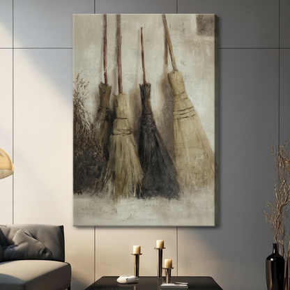 Collection of four antique straw brooms in warm cream tones, rustic oil painting stretched canvas wall art for cottagecore living room decor