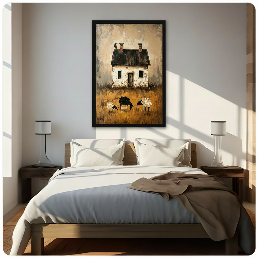 Rustic farmhouse with black sheep framed canvas wall art above bed in bright modern bedroom with white bedding and wooden nightstands