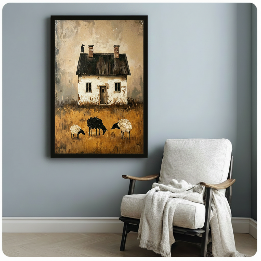 Rustic farmhouse with black sheep framed canvas wall art black frame on light blue-gray wall beside white linen armchair with throw blanket